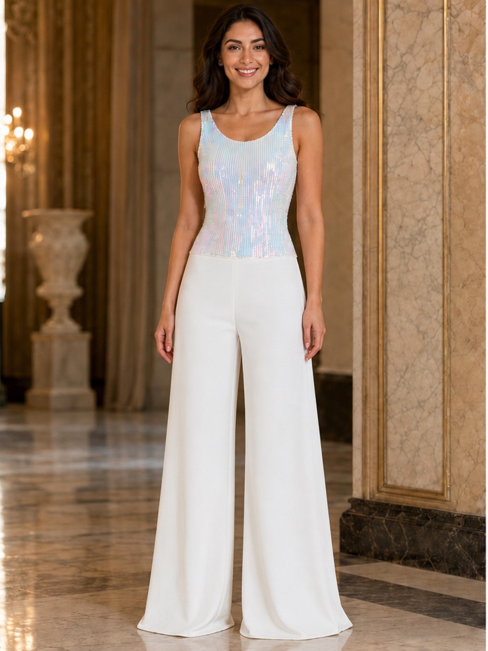 Calvin Klein White Wide-Leg Sequin Bodice Jumpsuit